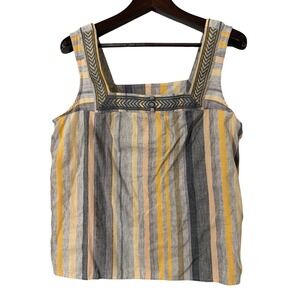 Lucky Brand Womens XL Striped Embroidered Square Neck Tank Top Yellow Gray Boho
